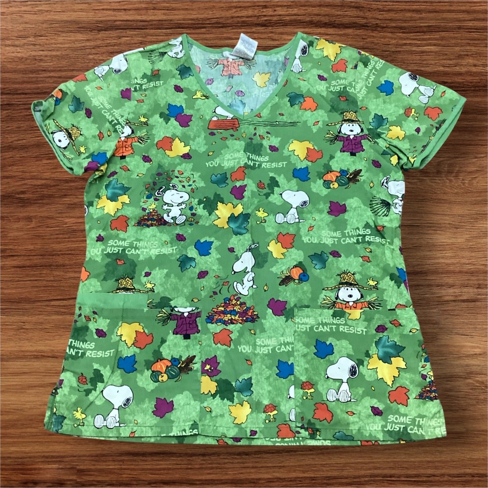 Peanuts Snoopy Fall Scrub Top Green V-Neck Medical Uniform Small